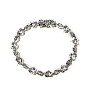 Silver Tone Hearts Tennis Bracelet Diamond Chips